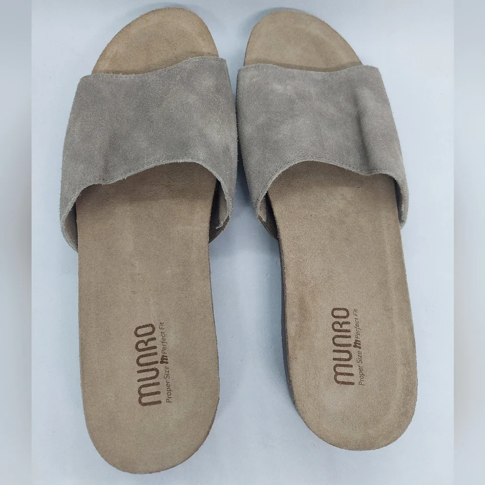 Munro Laya Women's 12M Taupe Suede Slide Sandals Slip On Open Toe Shoes